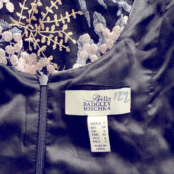 Badgley Mischka Multi Color Embroidered Net Overlay Cocktail Midi Dress Size 2 - Picture 10 of 12